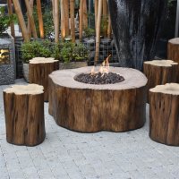 Outdoor Gas-Feuerstellen-Set Manchester mit 4 Hockern Baumstamm-Optik redwood